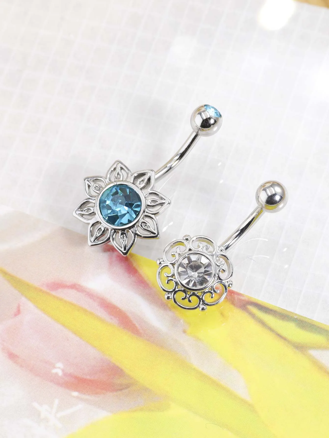 1 Pc Blue Crystal Sun Flower Navel Ring Stainless Steel Hollow Out Belly Button Ring Stud Tummy Umbilical Belly Piercing Women