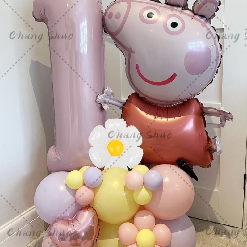 39pcs Macaron Latex Daisy Heart Shaped Aluminum Film Balloons Peppa Pig Balloons 40 Inch Pink Number Birthday Party Decoration