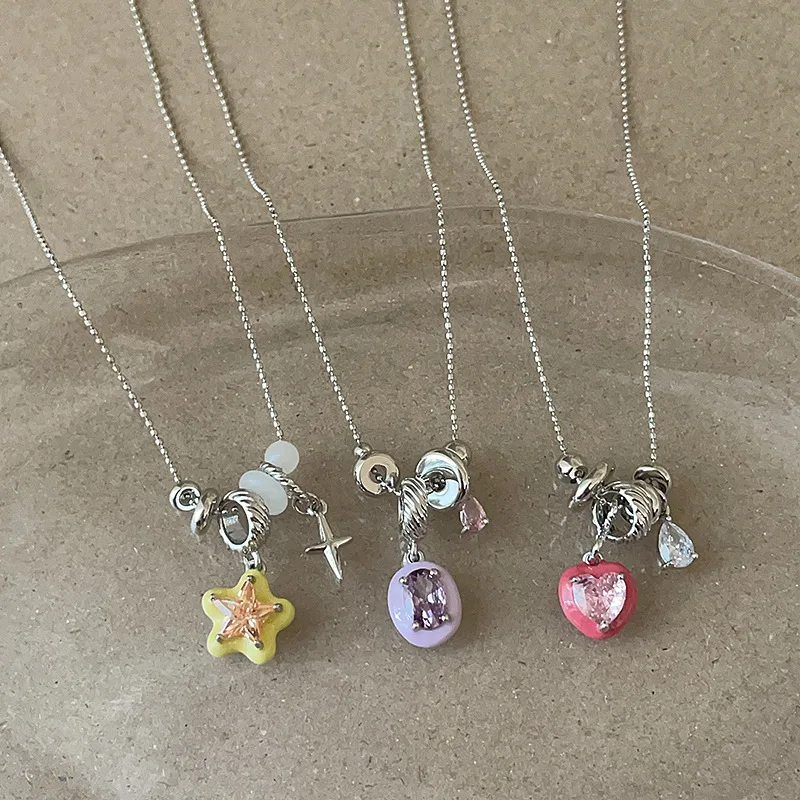 

French Colorful Enamel CZ Cubic Zirconia Starburst Water Drop Star Pendant Necklaces for Women Silver Plated Chain Chokers