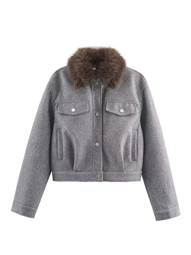 HH Woman Fashion Single Breasted Pocket Decoration Removable Fur Lapel Long Sleeves Coat Female High Street 2- Color Casual Coat