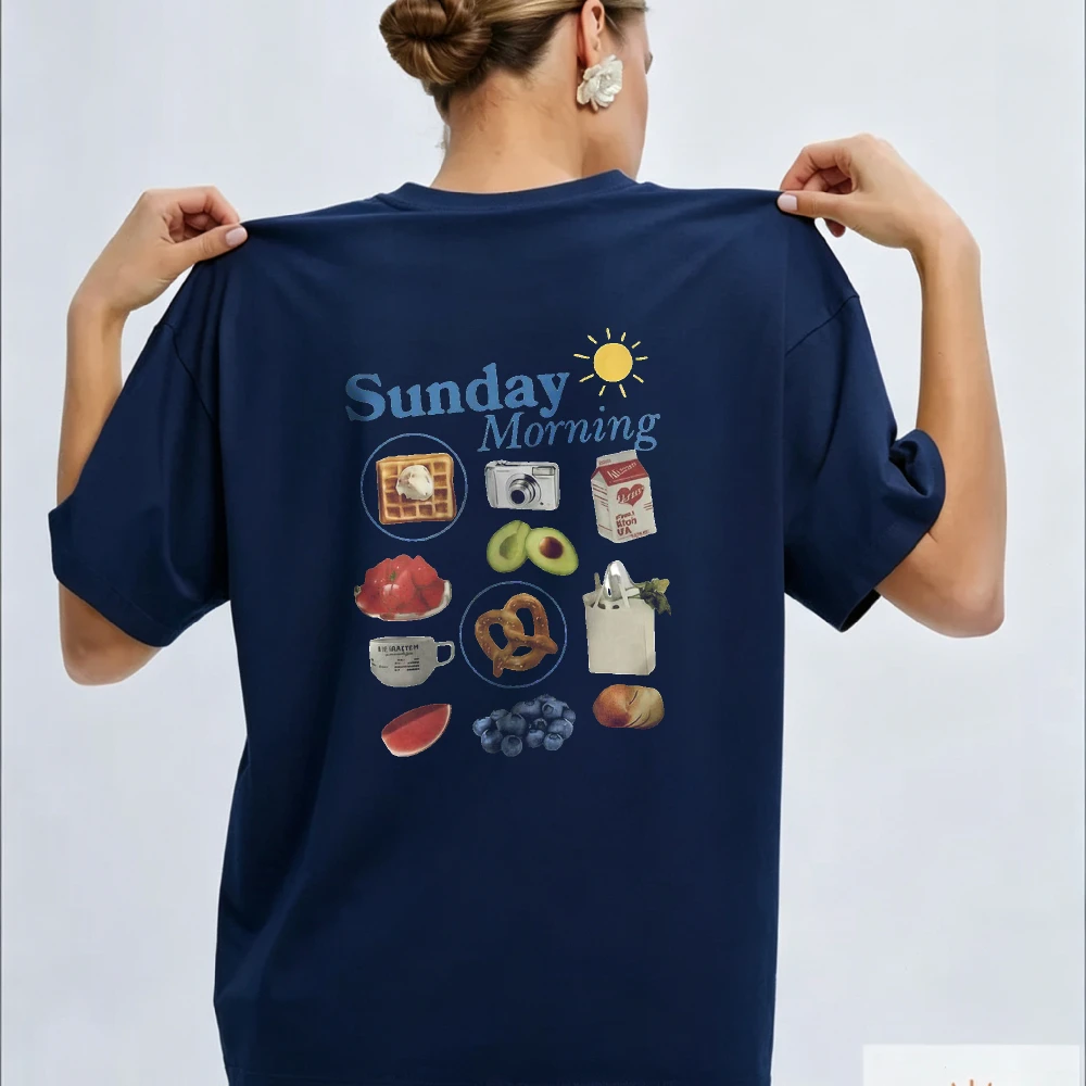 Women Sunday Morning Breakfast Food Collage Graphic T Shirt Waffle Avocado Bread Fruit Vintage Cotton Brunch Lover Casual Tops
