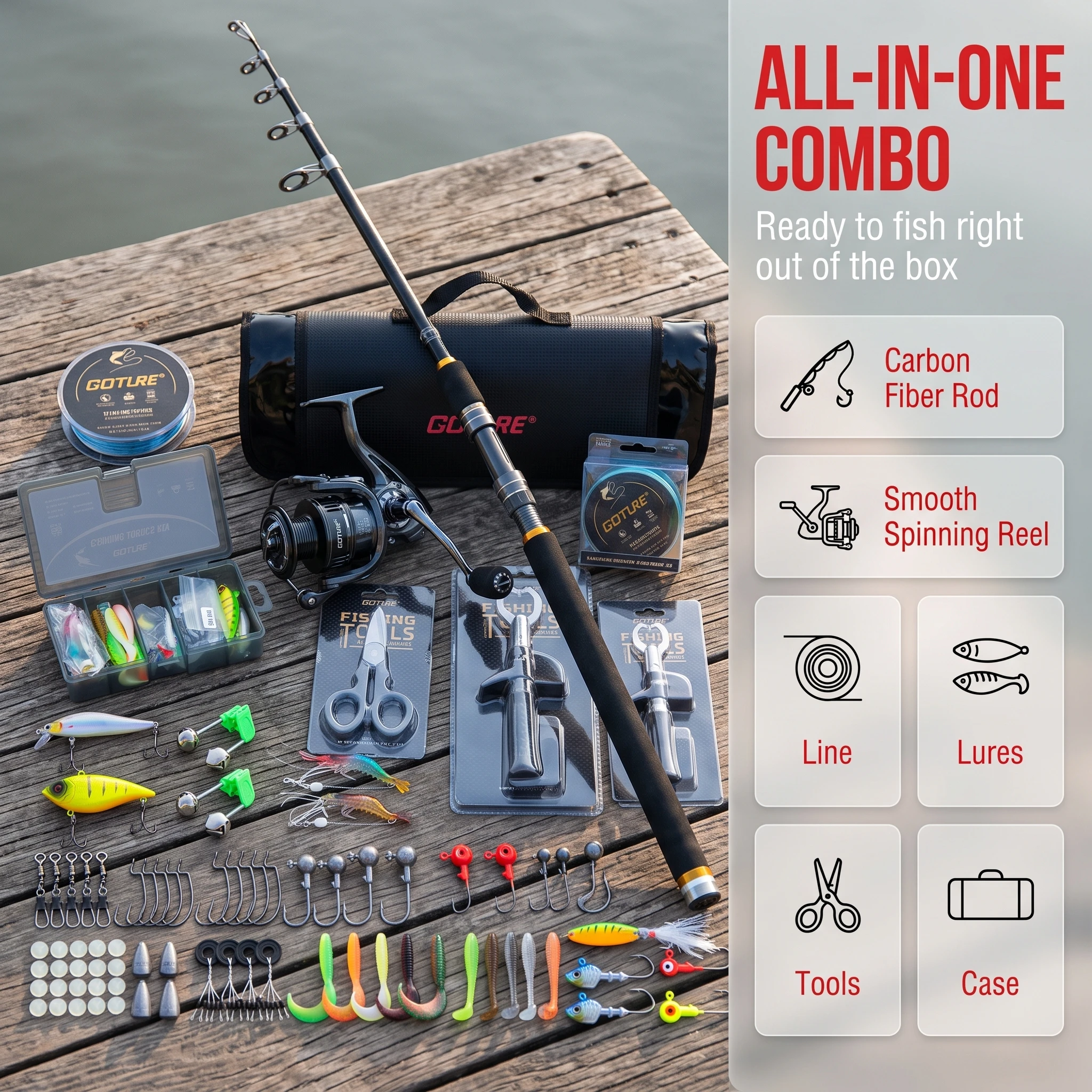 Goture Fishing Rod Reel Combo Full Set Telescopic Pole Spinning Reel,Lures Hooks,Fishing Pliers Gripper,PE Line Tackle Carry Bag