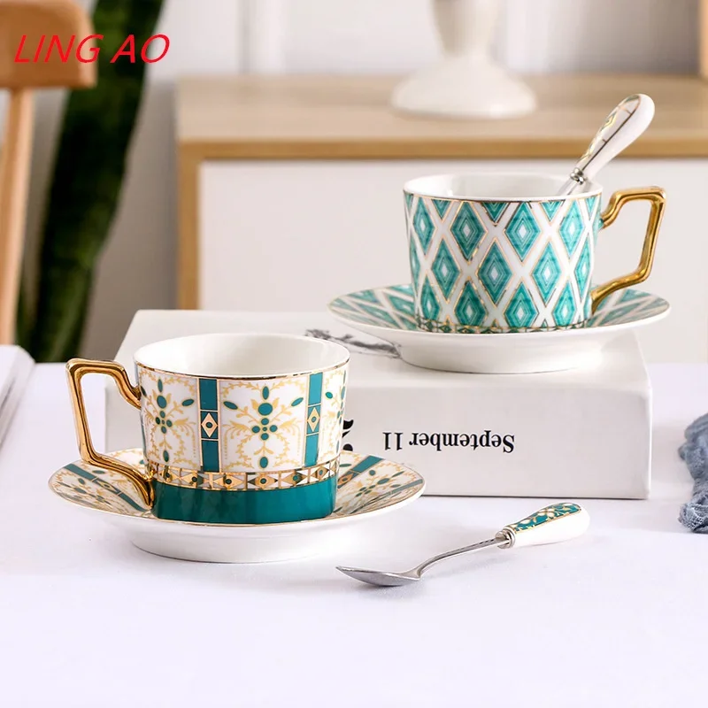 LingAo   European creative ceramic coffee cup and saucer English afternoon tea set with tray and spoon