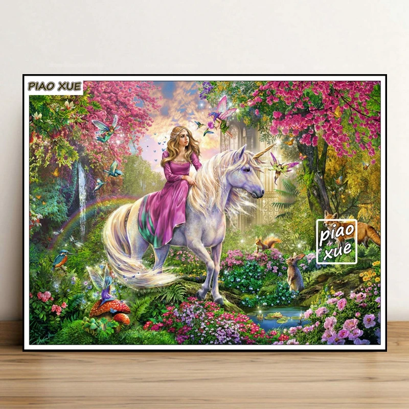 Fairy Princess And Unicorn Diamond Painting Art Magical Forest Castle Landscape Mosaic Cross Stitch Handwork Gift Room Decor