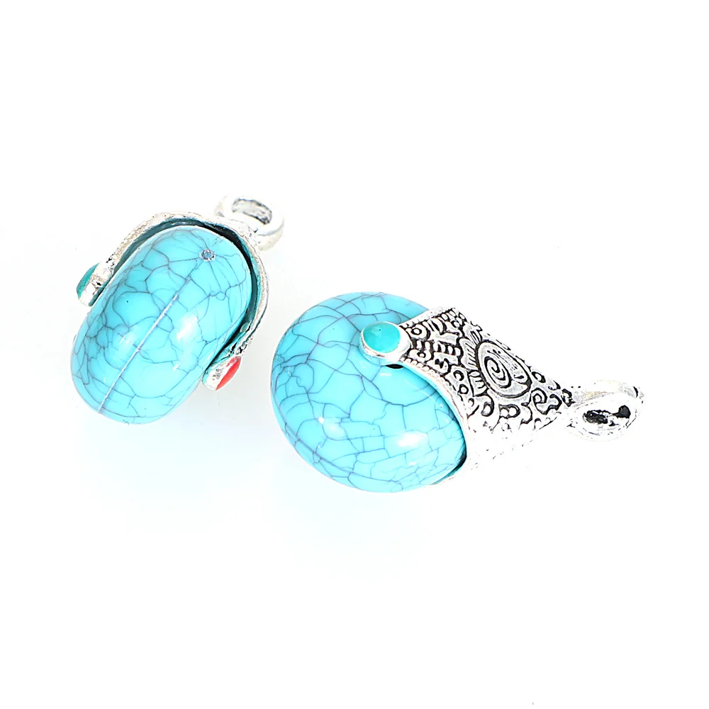 5Pcs 16x28MM Antique Silver Color Plated Imitation Turquoise Stone Enamel Slide Charms Pendant For Diy Necklace Jewelry Making