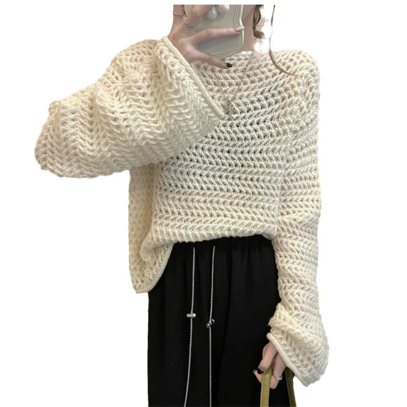 Ladies' Hollow out Knitted Top 2023 New Design Lazy Style Loose Fit Bell Sleeve One Shoulder Casual Fashion Long Sleeve Sweater view 5