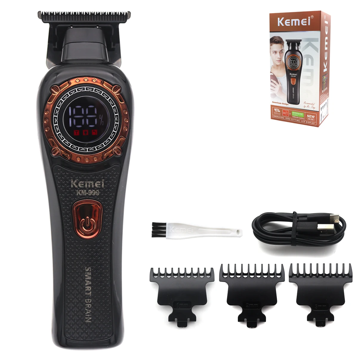 Kemei KM-999 Haarschneider für Männer, DLC T-Blade Zero Gapped LED-Anzeige, kabellose USB-Profi-Haarschneidemaschine, Finishing-Maschine