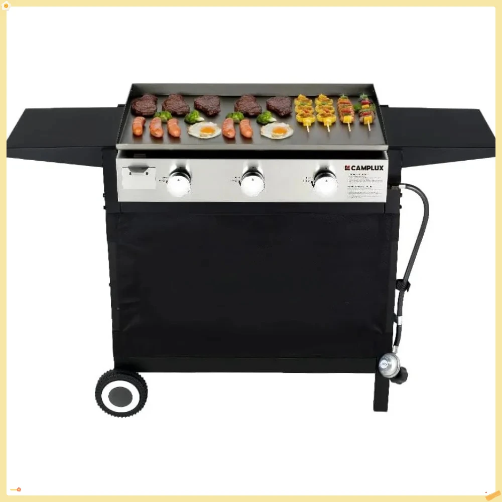 

Серебристо-черный пропановый гриль из нержавеющей стали с плоской вершиной — уличная кухонная станция для кемпинга/барбекю