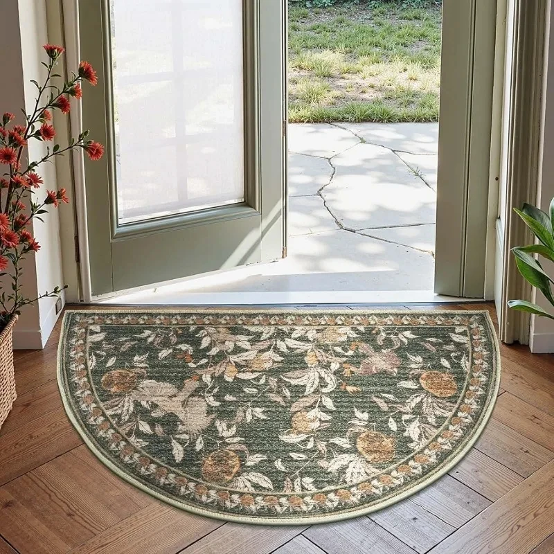 VIKAMA Vintage Pomegranate Bird Half Round Doormat Rustic Botanical Print Non-Slip Entryway Rug Farmhouse Cottage Home Decor