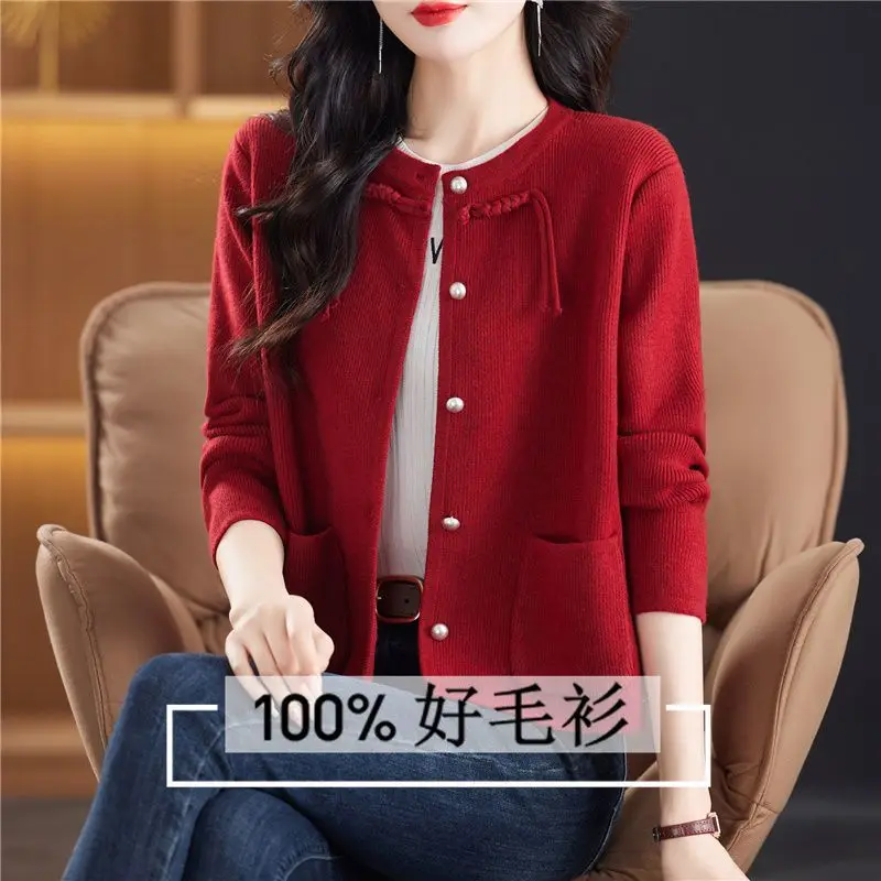 

Chinese Style Round Neck Solid Color Sweater Slim Cardigan Women's New Sweater Jacket Top