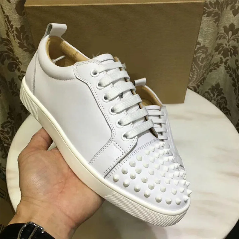big size mens luxury fashion party nightclub rivets shoes black white lace-up genuine leather shoe flats trendy studded sneakers
