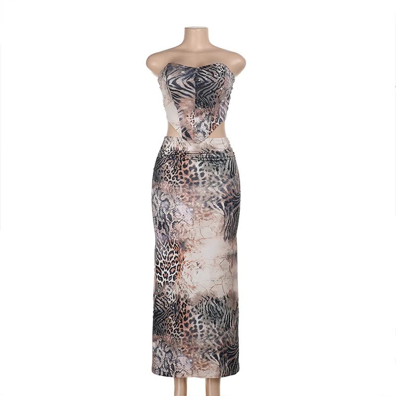 Women's Sleeveless Slim Fitting Long Dress Two Piece Set Printed Low Cut Hollow out Design Summer Holiday Outfit