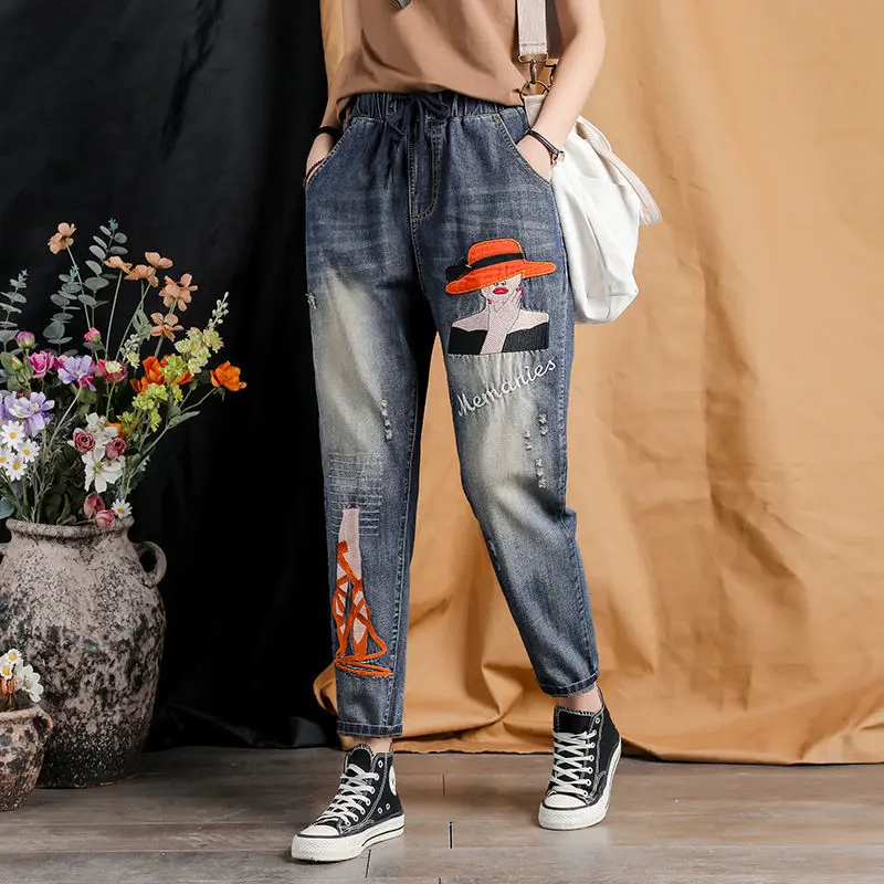 

Джинсы Harlan с высокой талией и вышивкой n Sle, новые летние женские джинсовые брюки большого размера с эластичной резинкой на талии