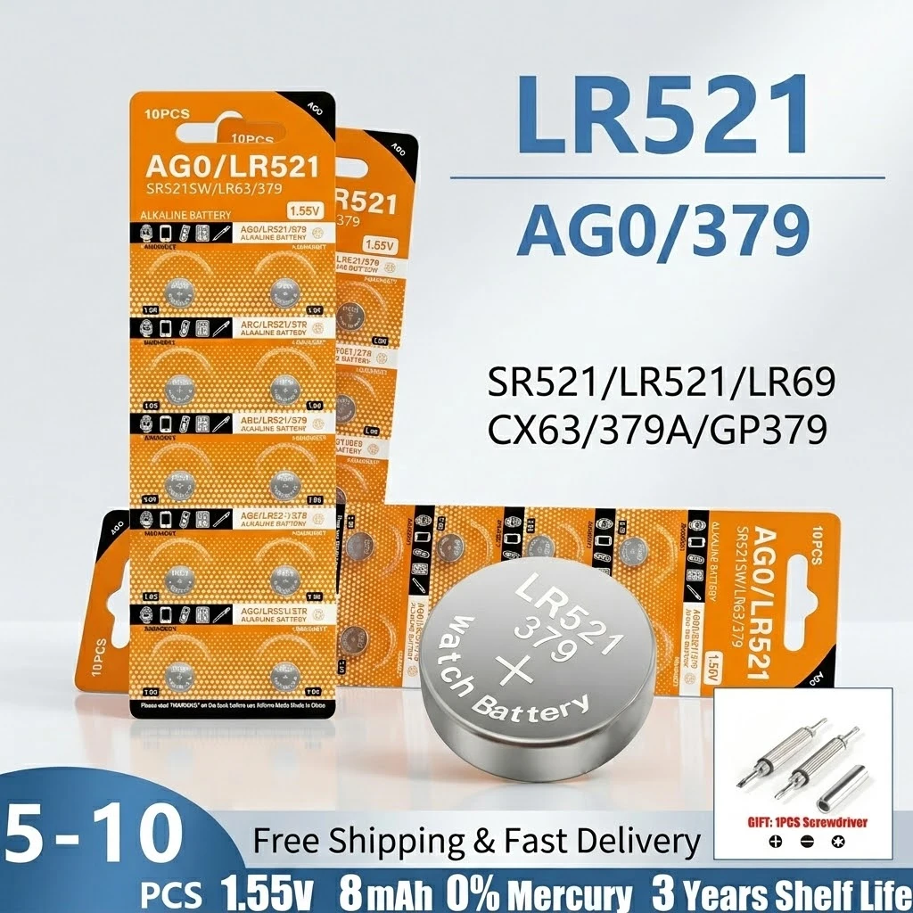 

1.5V High Capacity LR521 AG0 Alkaline Battery SR521SW 379 379A D379 SR63 Button Cell 5-10PCS for Watch