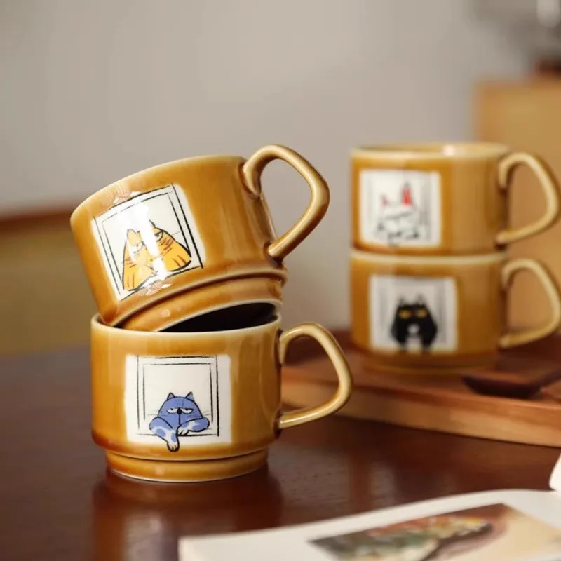 

Kiln-changed Ceramic Underglaze Color Illustration Cute Cartoon Cat Stacked Cup Coffee Cup Water Mug