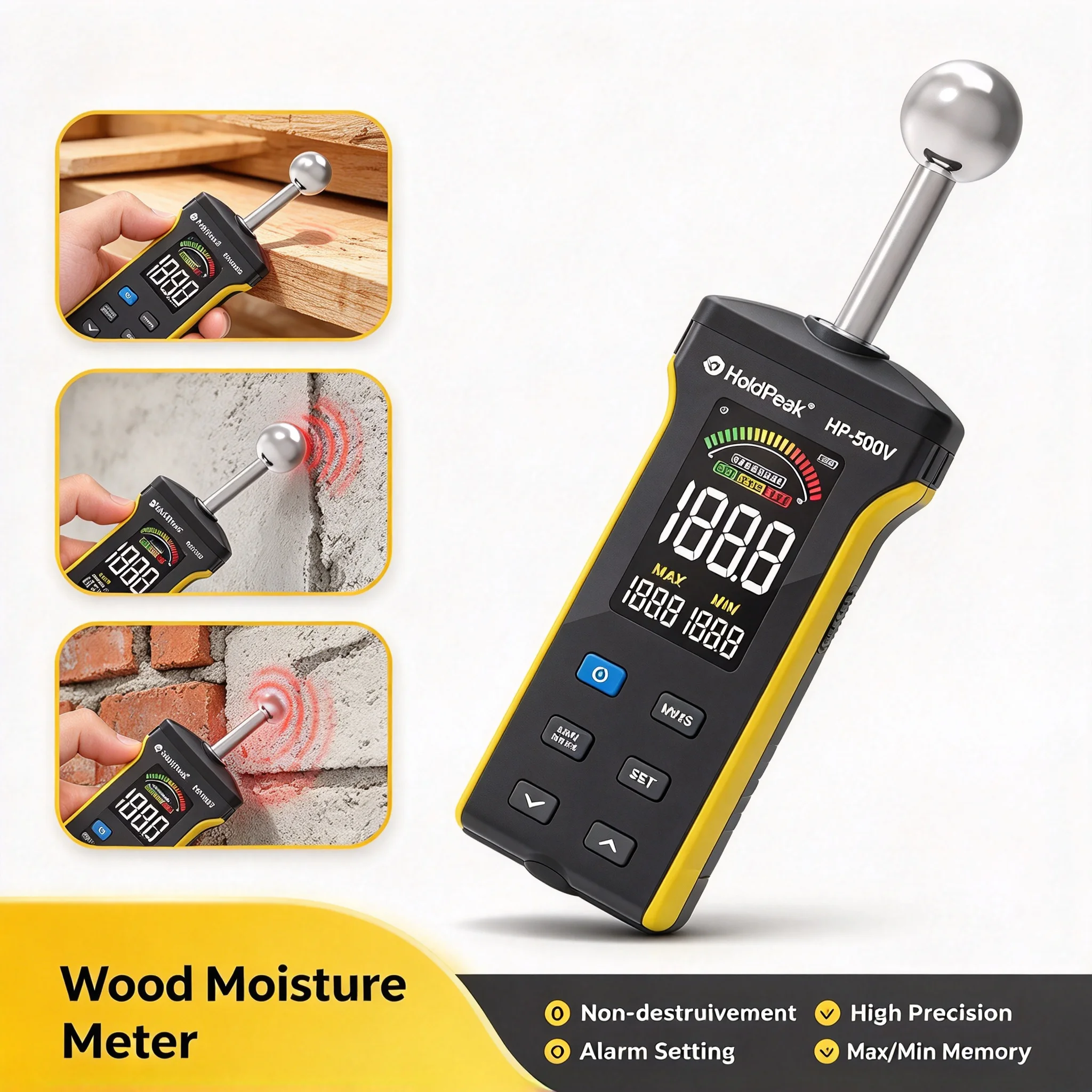 HoldPeak Digital Pinless Wood Moisture Meter Non-Destructive Damp Detector 40mm Depth Tester For Concrete Drywall Timber
