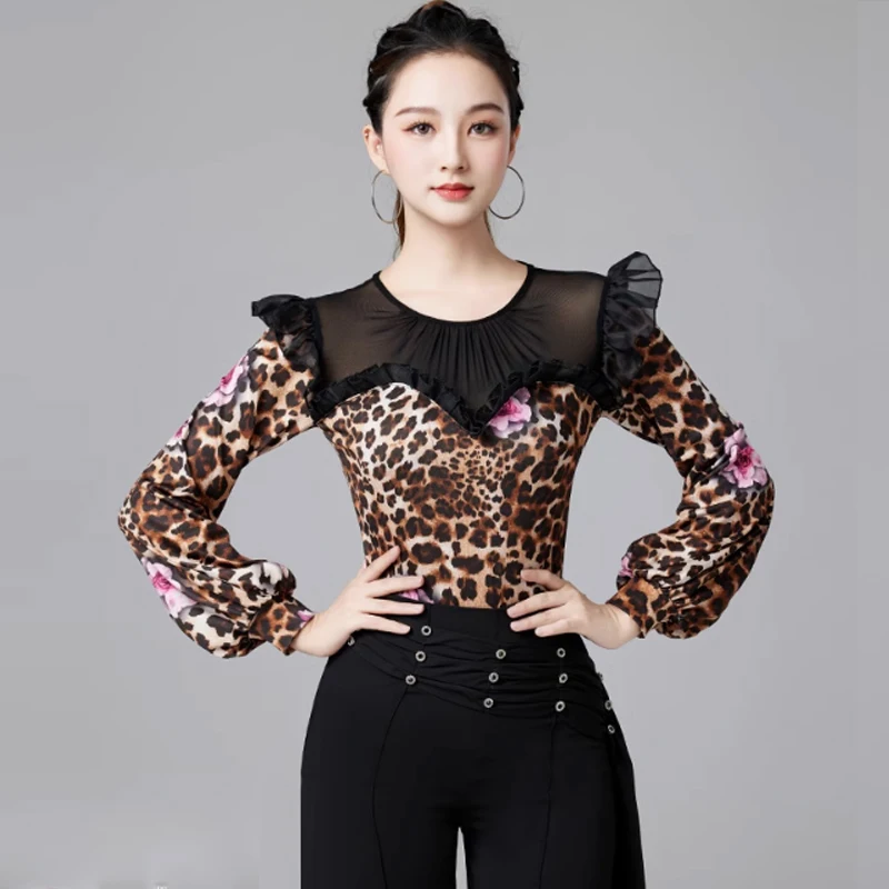 2023 New Lantern Sleeve Leopard Latin Dance Tops Samba Rumba Practice Wear Women 2 Colors Tango Ballroom Dance Clothing DL11109