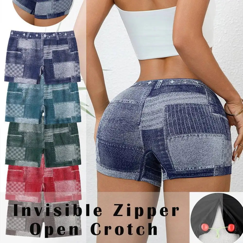

Invisible Zipper Open Crotch Sexy Denim Print Shorts Summer Fitness Plus Size Sports High Waist Bottoms