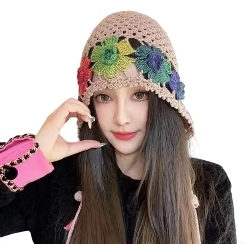 

L5YA Handmade Knitted Bucket Hat for Teens Outdoor Flower Pattern Fisherman Hat Wide Brims Summer Spring Sunproof Hat