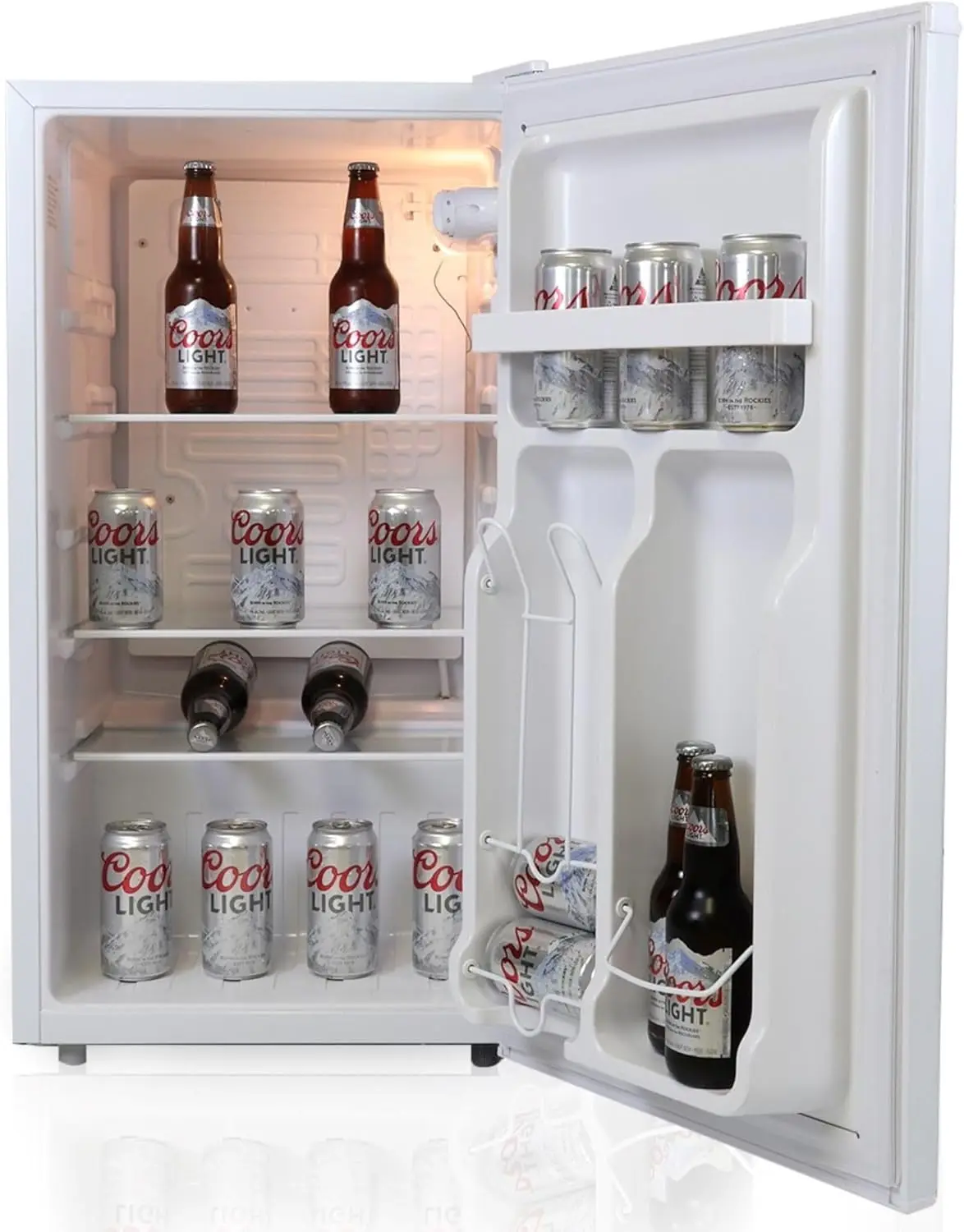 Light Compact Fridge w/Bottle Opener, 3.2 cu ft (90L), White, Space-Saving Flat Back Design, Reversible Door, Tempered Gla