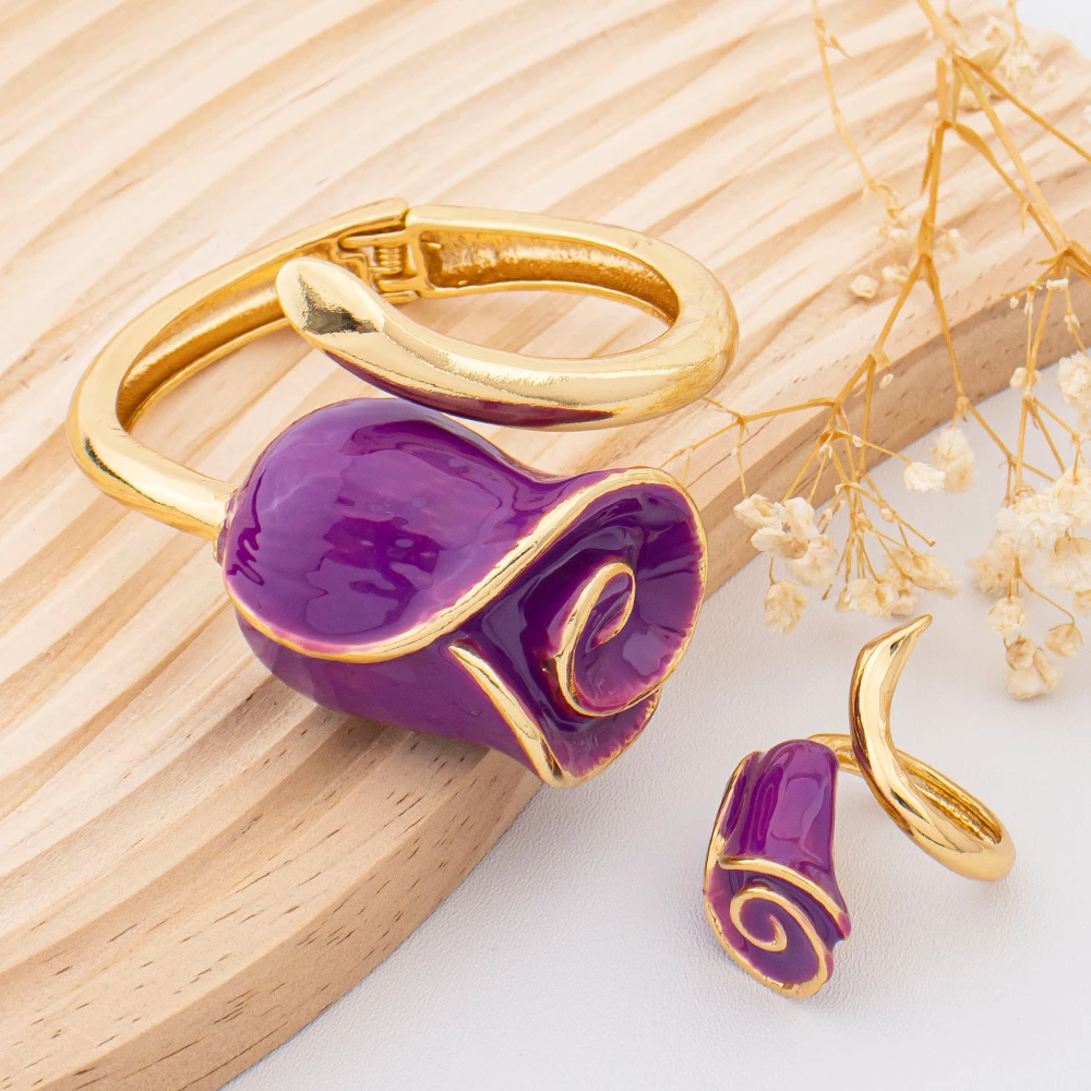Red Rose Bracelet Ring Elastic Closure Jewelry 2PCS Set Cuff Bangle Ring Dubai Wedding Bride Jewelry Accessories Women Gifts
