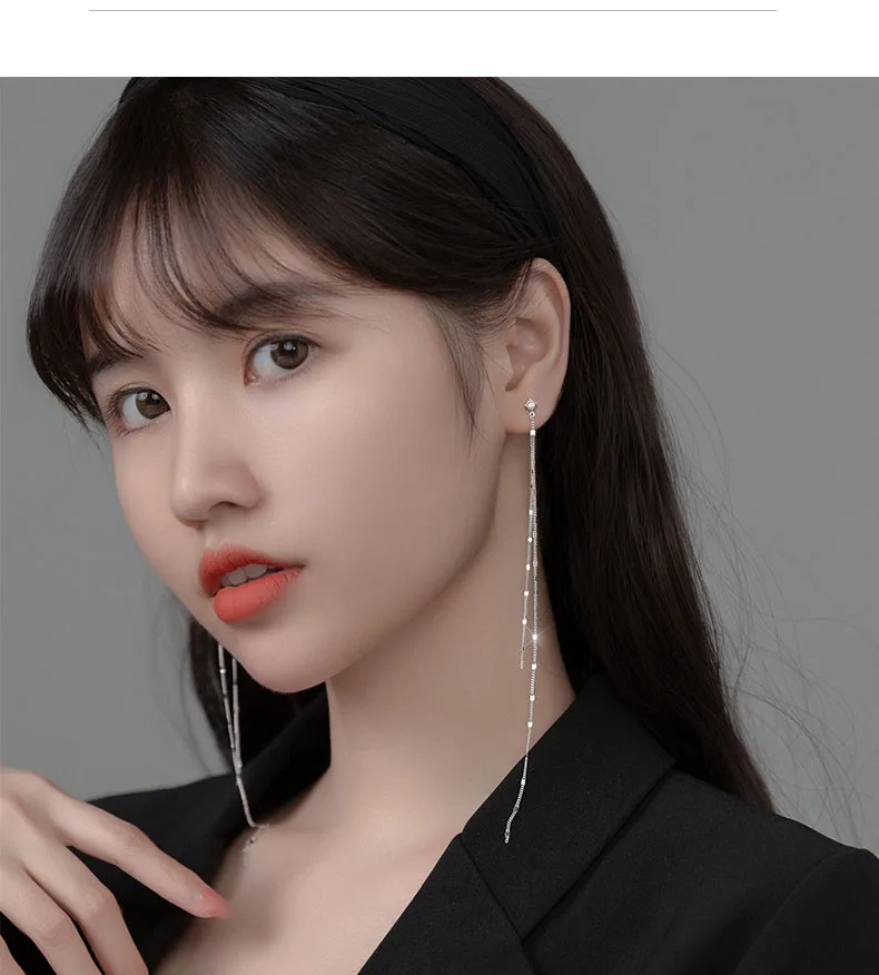 

Real 925 Sterling Silver Earring 15CM Long Chain Tassel CZ Stud Earring For Women Valentine's Day Fine Jewelry DE0549