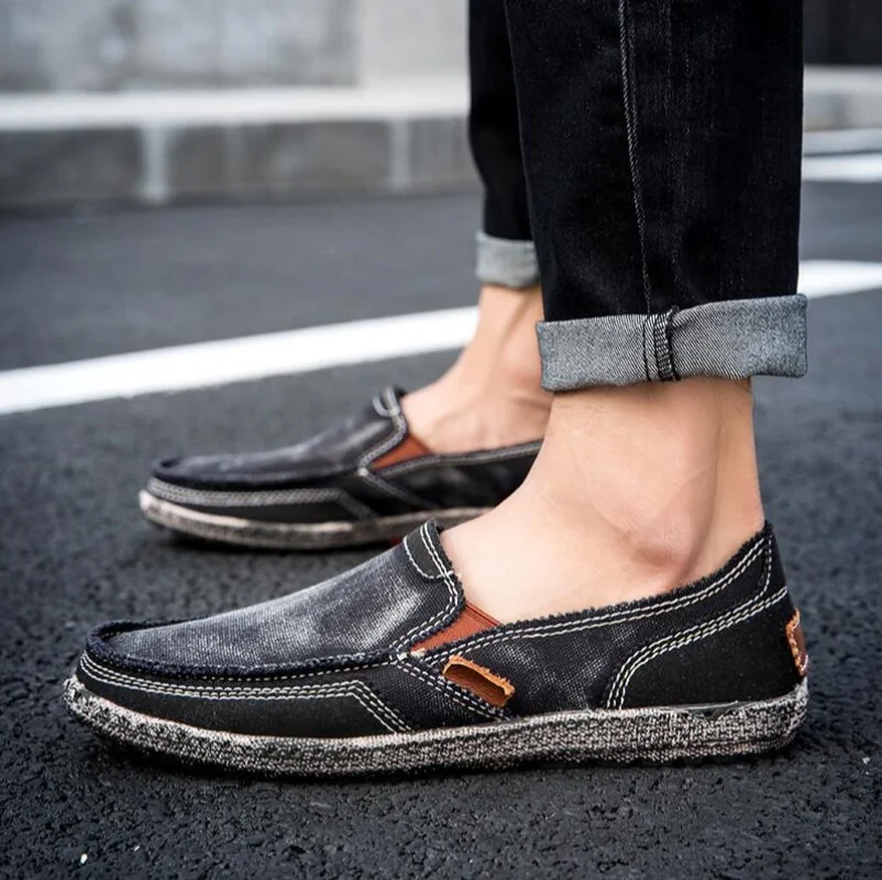 

Новинка 2022, мужская обувь, парусиновая обувь, лоферы, винтажная мужская повседневная обувь на плоской подошве, удобные модные дышащие джинсовые лоферы для ленивых