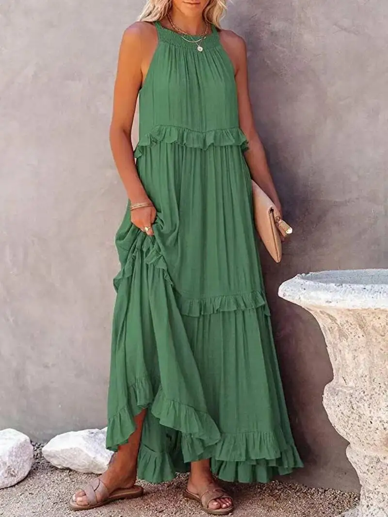 Femmes décontracté solide volants longue robe élégante sans manches robe d'été élégante Harajuku Maxi robe plage fête soirée robe LS8Q