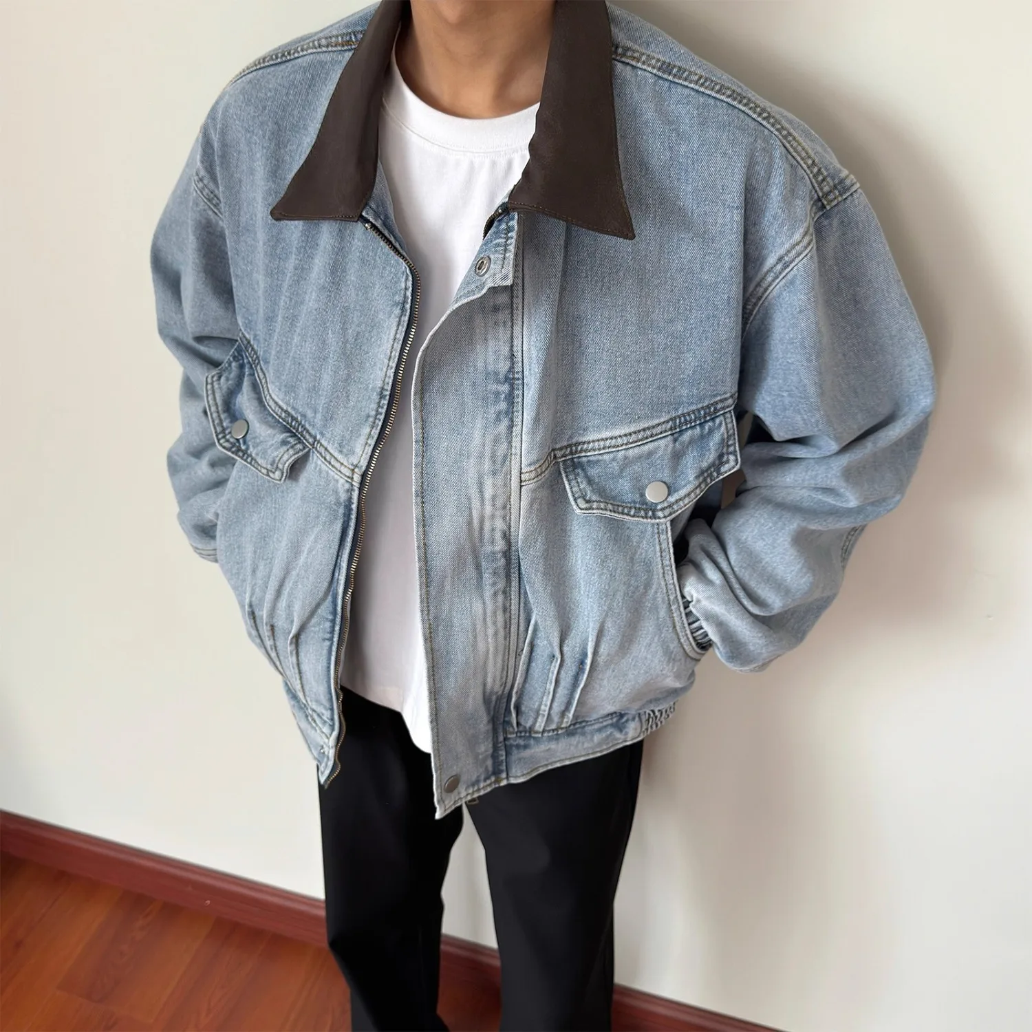 New Autumn Winter Men Denim Jacket Color Block Collar Fashion Large Pockets Outdoor Casual Coat Streetwear Trending Outerwear