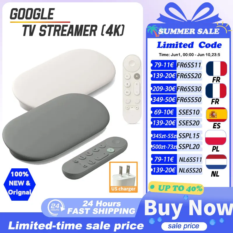 Lecteur multimédia Google TV 4K Porcelain/Hazel, prend en charge la technologie 4K, HDR et Dolby Vision, appareils connectés pour la maison intelligente, chargeur US.