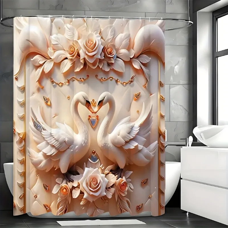 

3D Swan Embossed Pearl Print Creative Shower Curtain Set, Decorative Bathroom Set