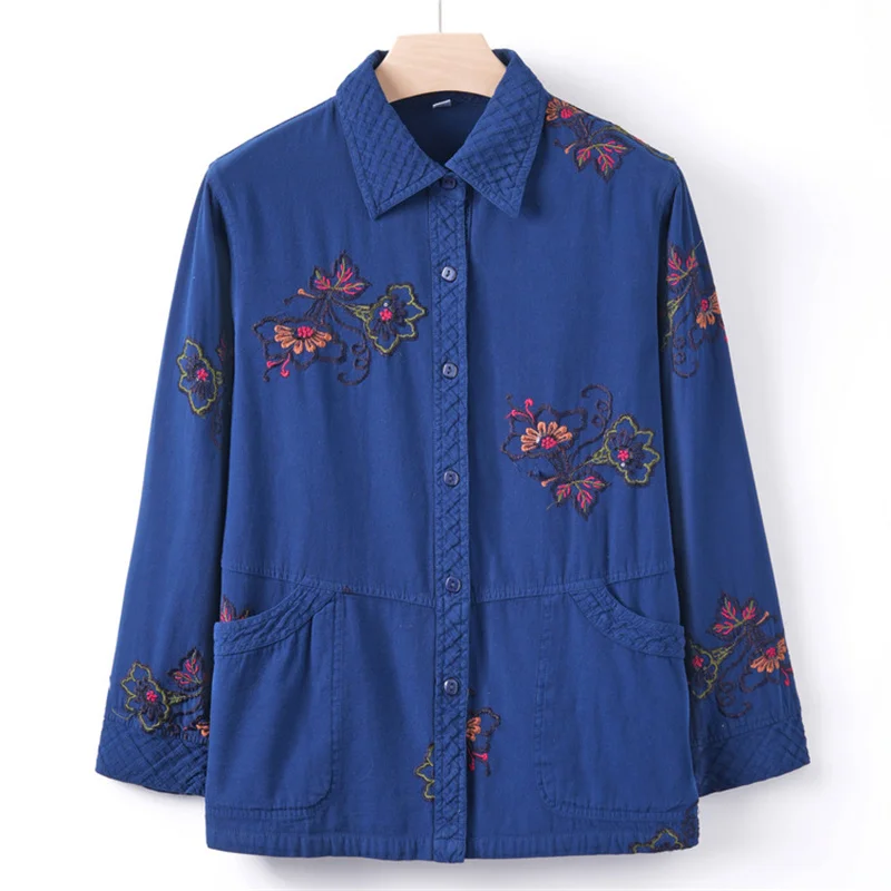 Large Size Middle-aged Mother Cotton Denim Shirts Spring Autumn Long-sleeved Tops New Women's Coat Outerwears Jackets Pockets