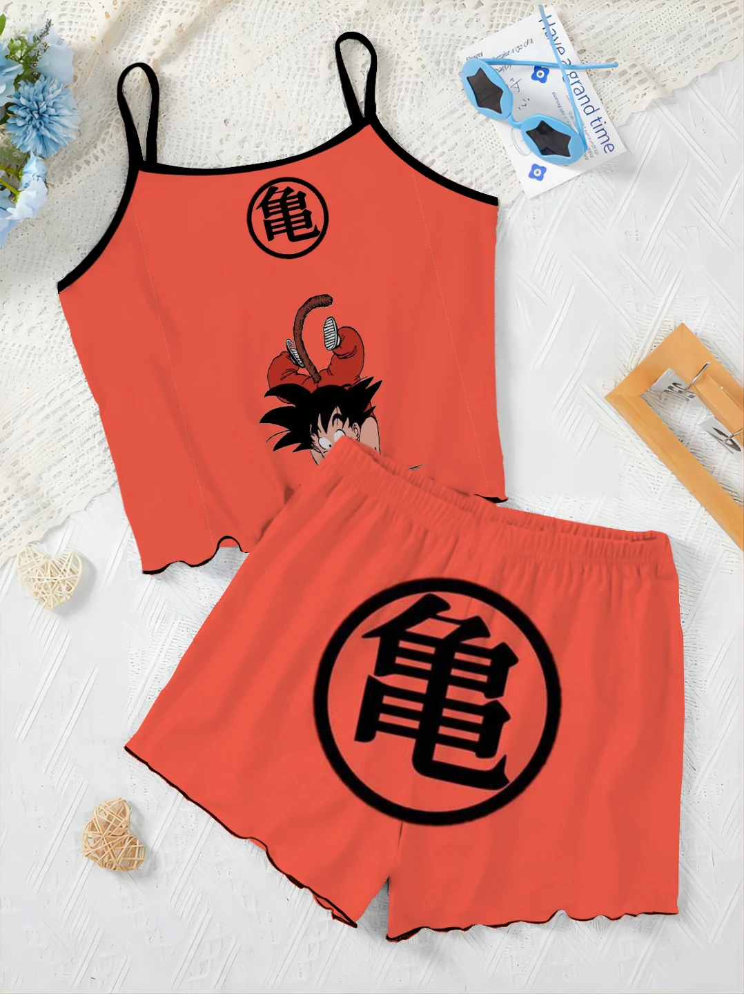 Slip Dress T-shirt Sałata Wykończenie Vegeta Piżama Spódnica Eleganckie zestawy damskie dla kobiet 2-częściowy Dragon Ball Son Goku Top Krótki