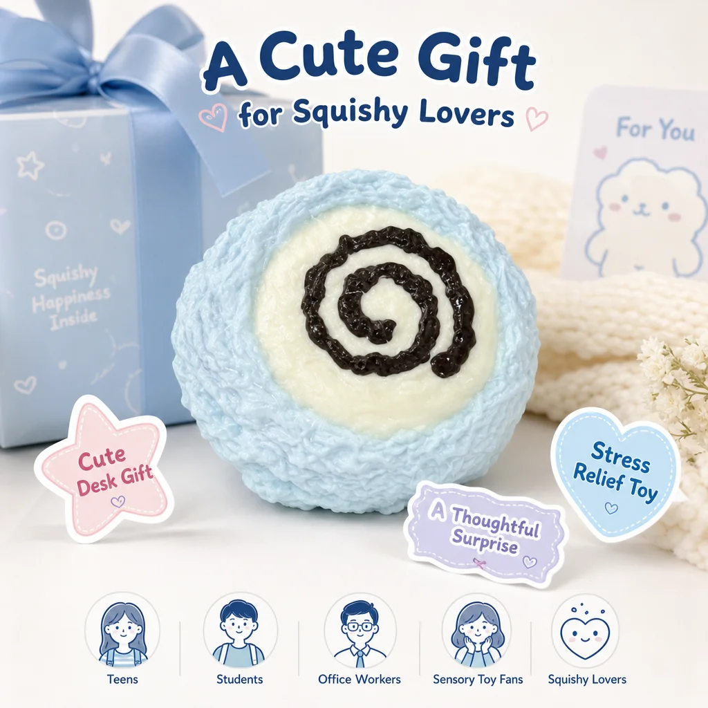 Food Grade Spiral Cream Bun Squishy Toy Light Blue Textured Pastry With Chocolate Swirl Decor Slow Rebound Squeeze Toy For Kids