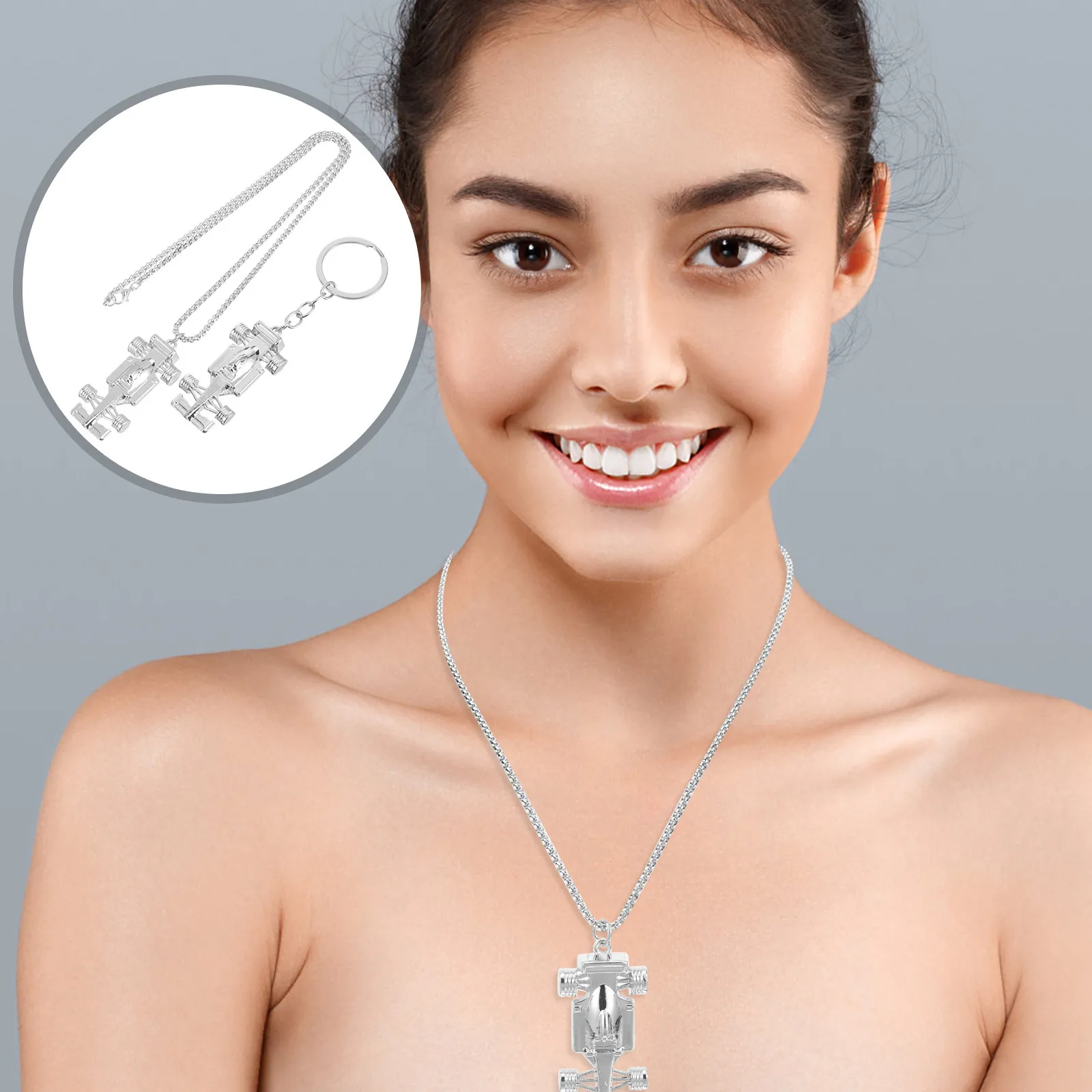 Mini Racing Car Keychain & Necklace Set – Metal Pendant for Bag, Backpack, Purse, Handbag, Key Ring Gift
