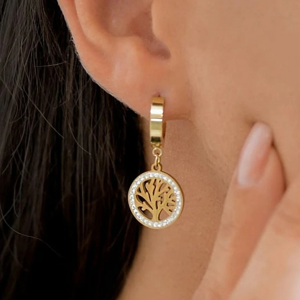 Mariasz Gothic Hollow Tree of Life Stainless Steel Hoop Earrings with CZ Stone Charm Trendy Vintage Jewelry for Women Earth Gift