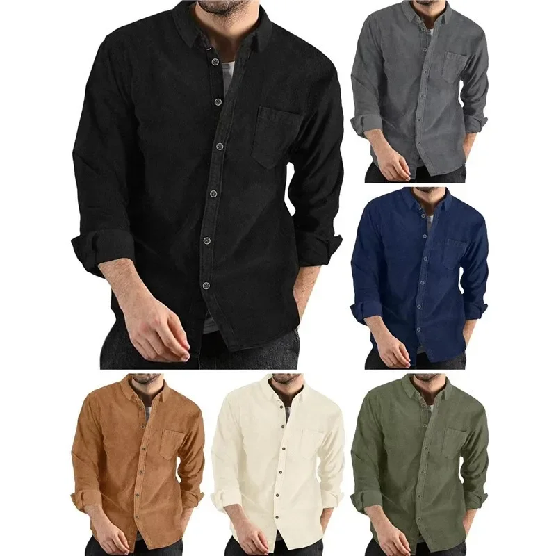 Men's Collarless Button Pocket Long Sleeve Blouse Shirts Casual Male OL Corduroy Loose Blouse Tops FYY-1690