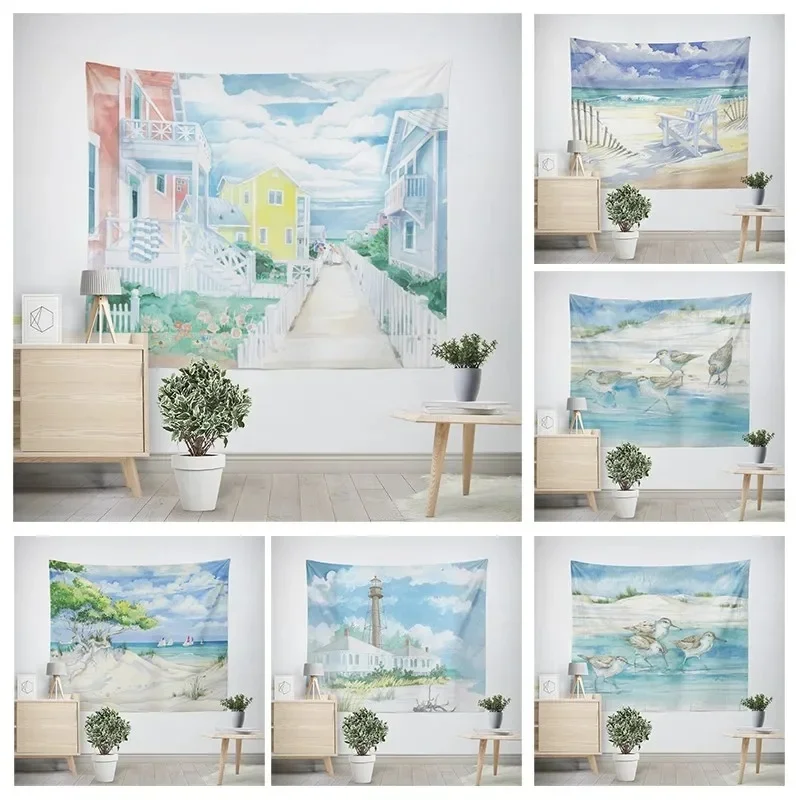 VIKAMA Beach Sandpiper Tapestry Wall Hanging Watercolor Coastal Bird Landscape Design Aesthetic Backdrop for Wall Decor