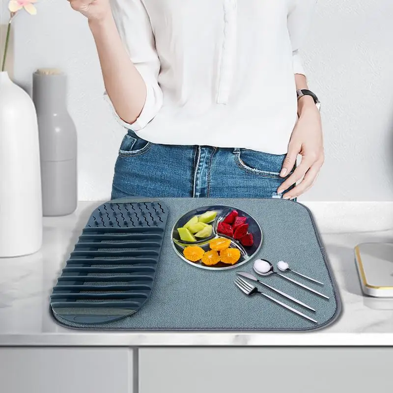 Kitchen Drying Mats For Dishes Hangable Fine Fiber Roll Up Dish Drying Mat Kitchen Counter Glassware Cutlery Dish Drying Pad