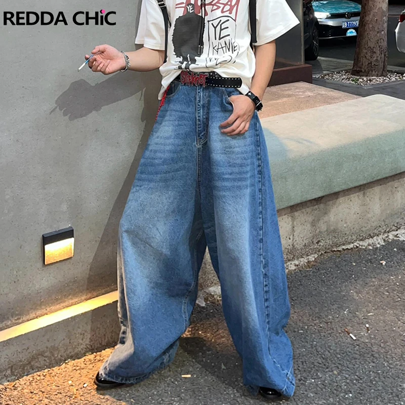 REDDACHIC Vintage Wash Whiskers Wide Denim Pants Men High Rise Do Old Boyfriend Oversize Solid Baggy Jeans Casual Korean Clothes