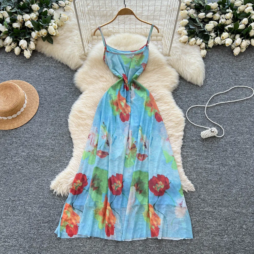 Chic vintage print mesh backless Ruched Elegant dress Fairy korean fashion Boho Sundress women clothing
