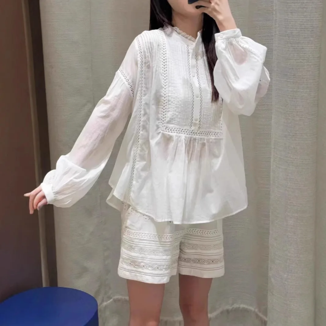 

2025 Isabels Marants Fashion Shirt Summer Sweet Embroidery Hollow Lace Stand Collar Pleated Loose Long Sleeve T-Shirt