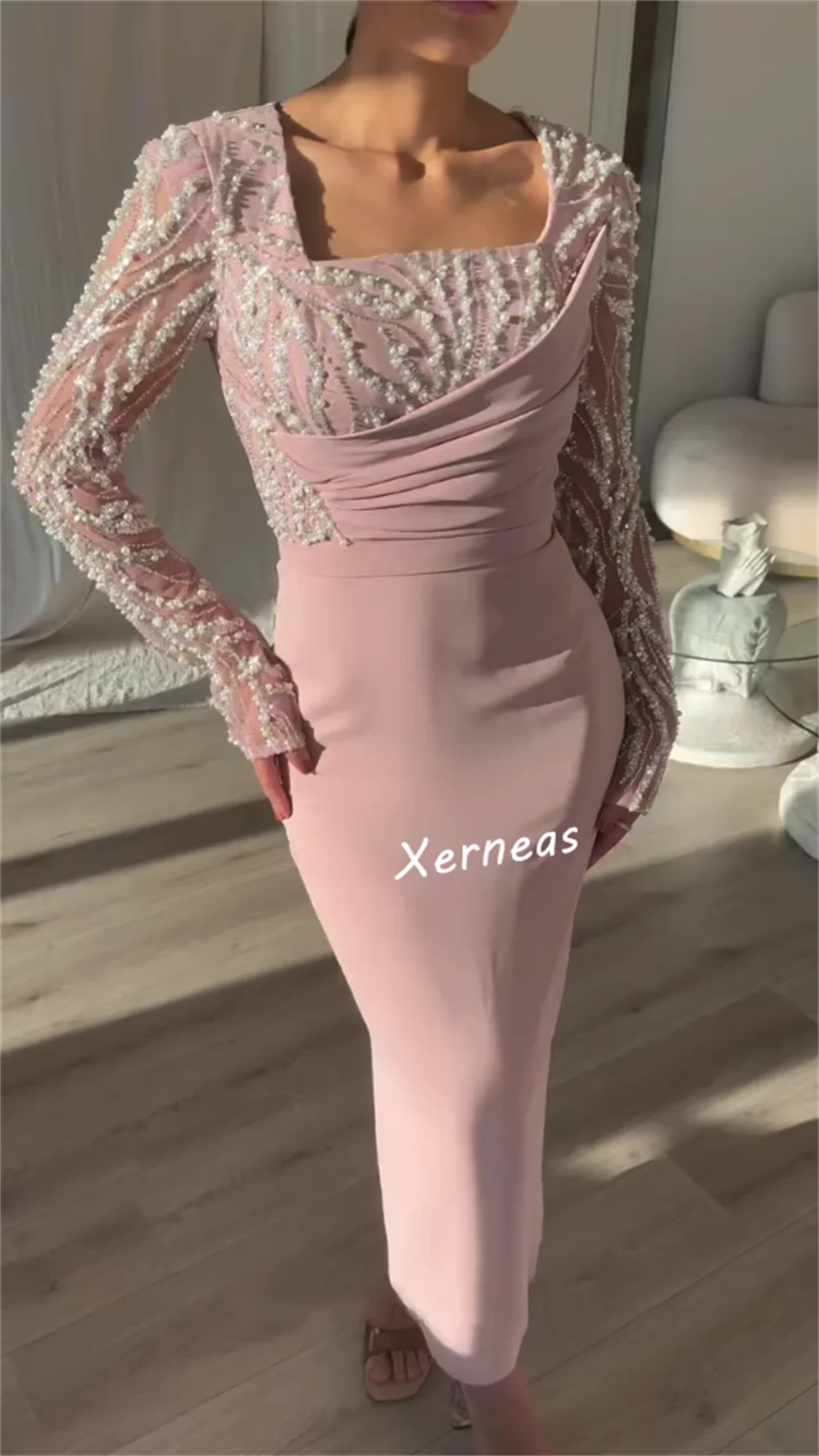 Robe mi-longue droite en Jersey, personnalisée, perles, col carré, sur mesure, robe de soirée à paillettes pour femmes, haute qualité
