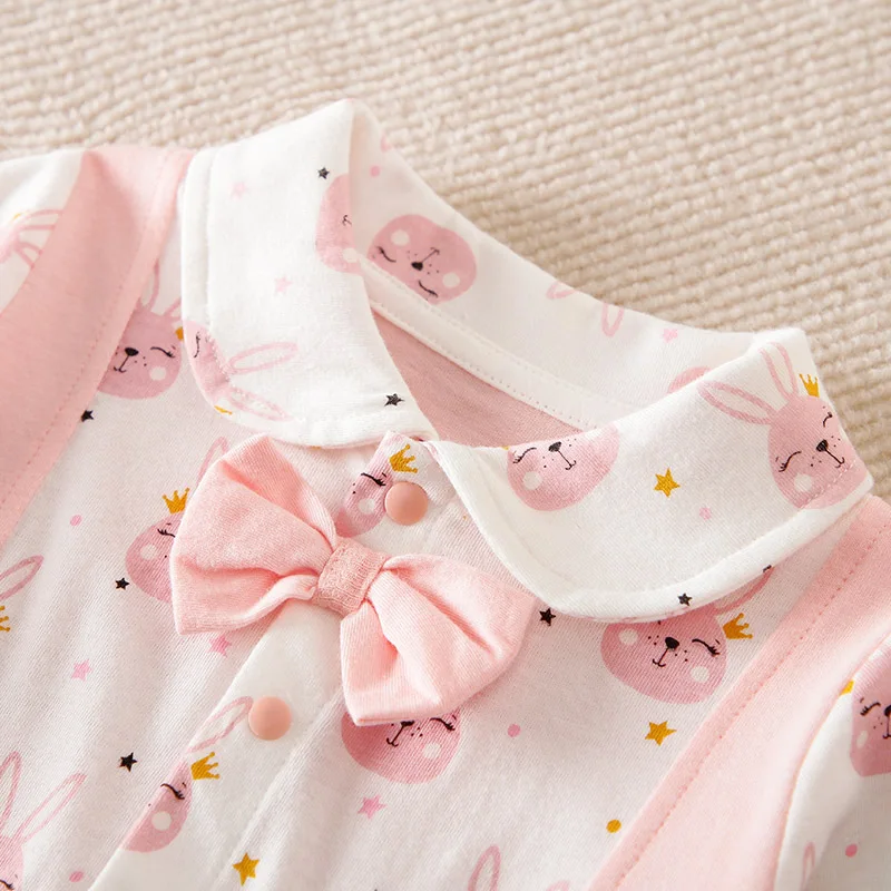 Spring and Autumn New Fashion Baby Bodysuit Newborn Girl Baby Cute Rabbit Fake Two Bowtie Long Sleeve Pure Cotton