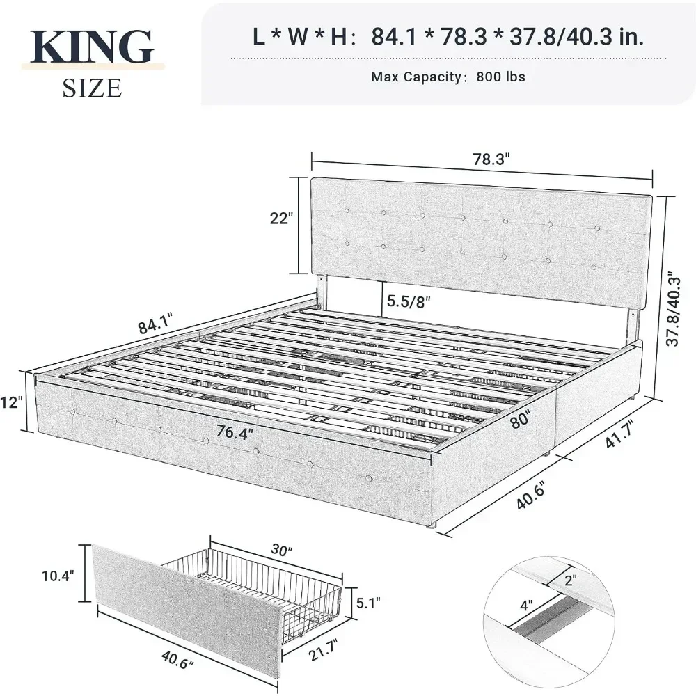 King Size with 4 Storage Drawers and Headboard, Square Stitched Button Tufted, Upholstered Platform Bed Frame