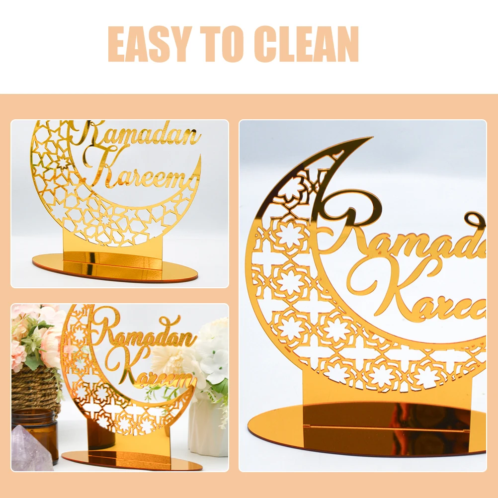 

2pcs Acrylic Desktop Ornament Eid Mubarak Ramadan Moon Shape Craft For Home Party Decoration Table Centerpiece Indoor Islamic