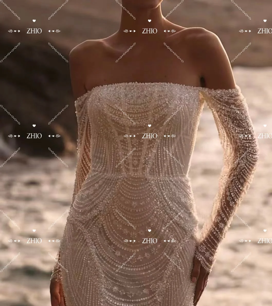 Zhi modesto beading marfim rendas vestidos de casamento fora do ombro sereia trem varredura vestido de noiva personalizado novo 2026 para noiva luxo