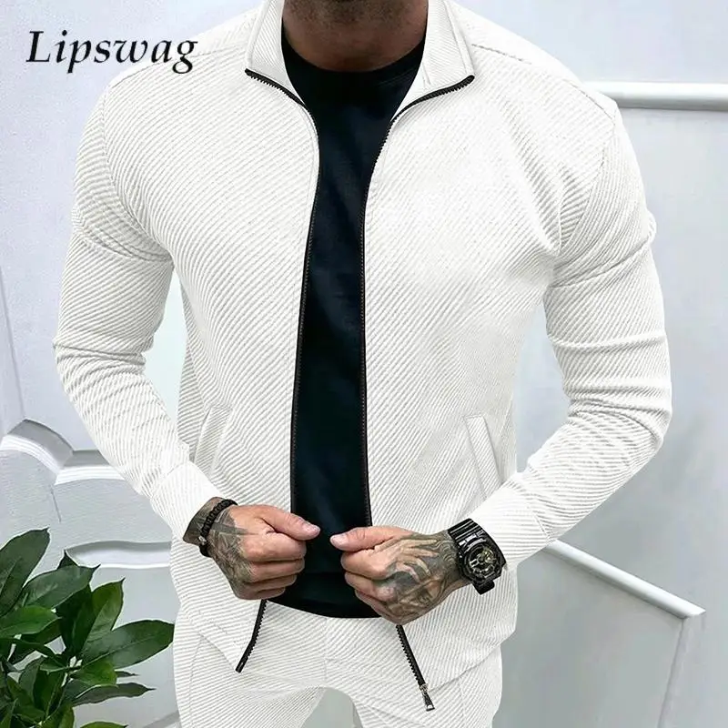 Fashion Solid Color Textured Jackets Men 2024 Fall Casual Turn-down Collar Zip-up Coats Mens Vintage Long Sleeve Slim Outerwear