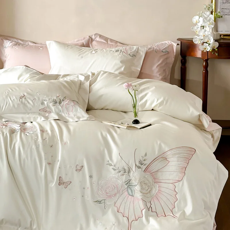 2025 New Luxury Butterfly Flowers Embroidery Princess Bedding Set 800TC Egyptian Cotton Duvet Cover Bed Sheet Set Pillowcases