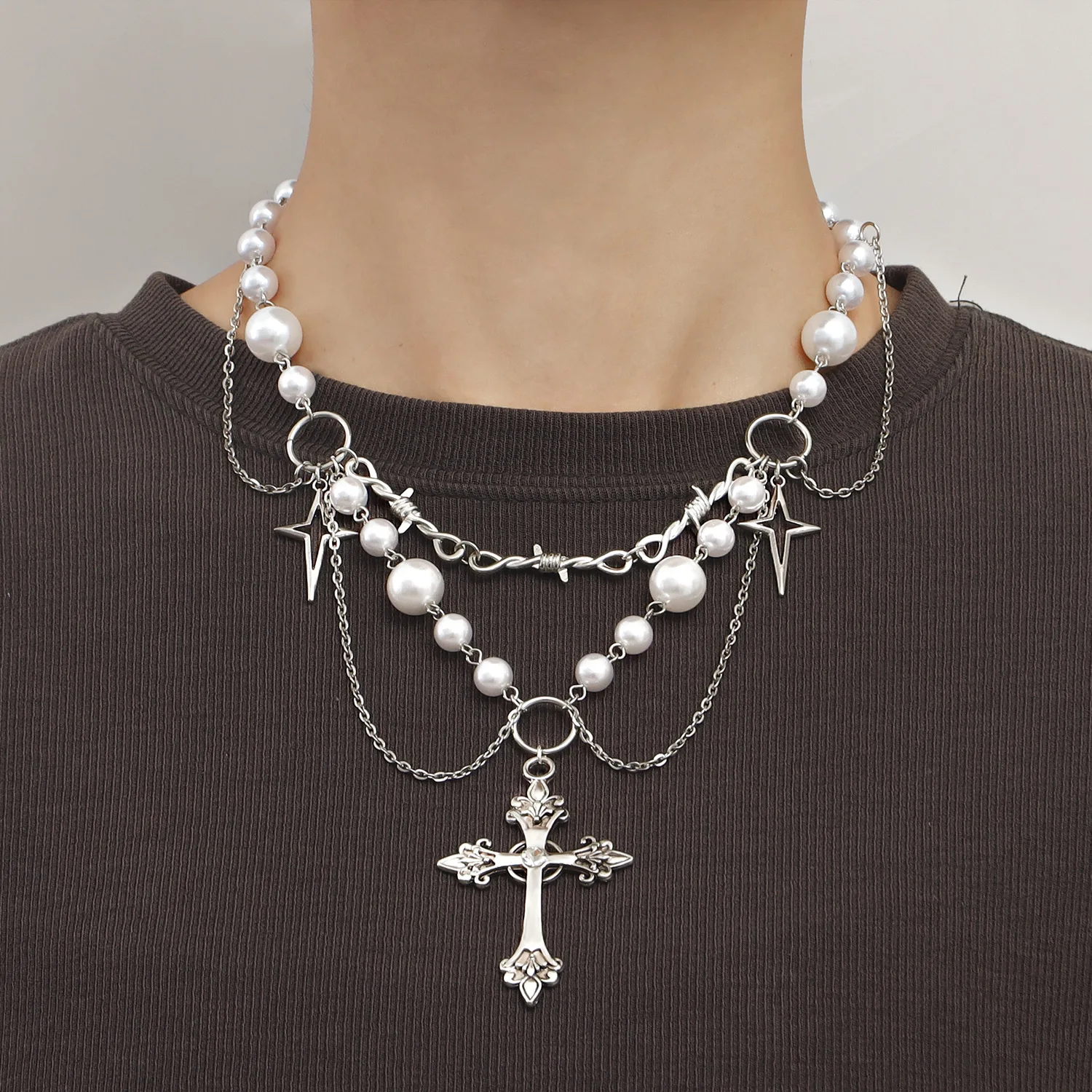 

Double Layer Necklace For MAN Pearl Tassel Cross Star Cross Clavicle Chain Jewelry Party Girls Accessories